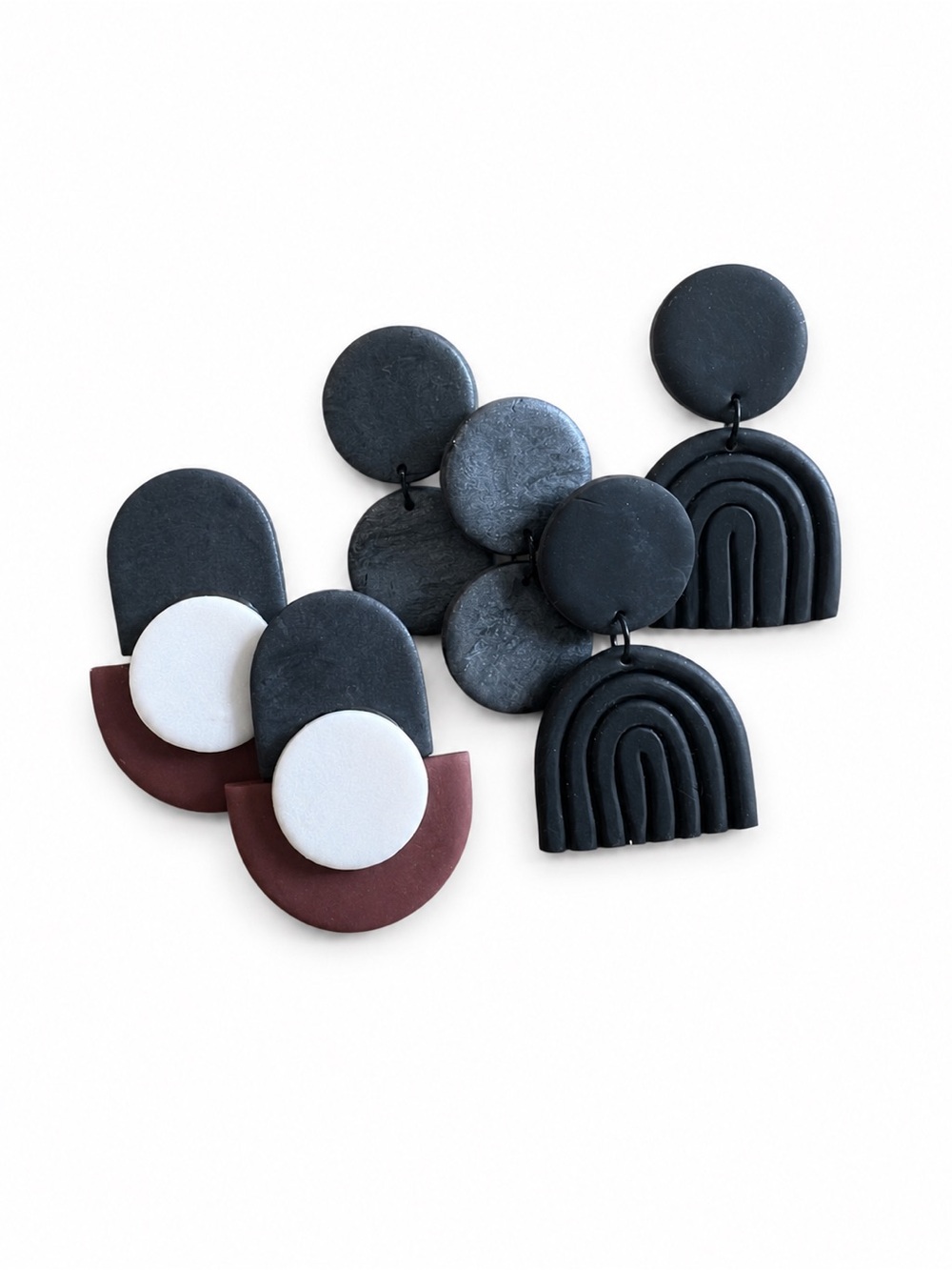 Modern Geometric Polymer Clay Earrings Trio in Black, White & Burgundy